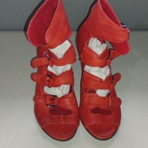 Surface to Air Anthropologie Red Leather Wedge Caged Buckle Sandals Size 37- 6.5